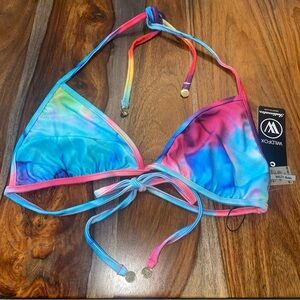 NWT Wildfox Triangle Bikini Top Tie Dye Rainbow Women’s Large Halter String Tie
